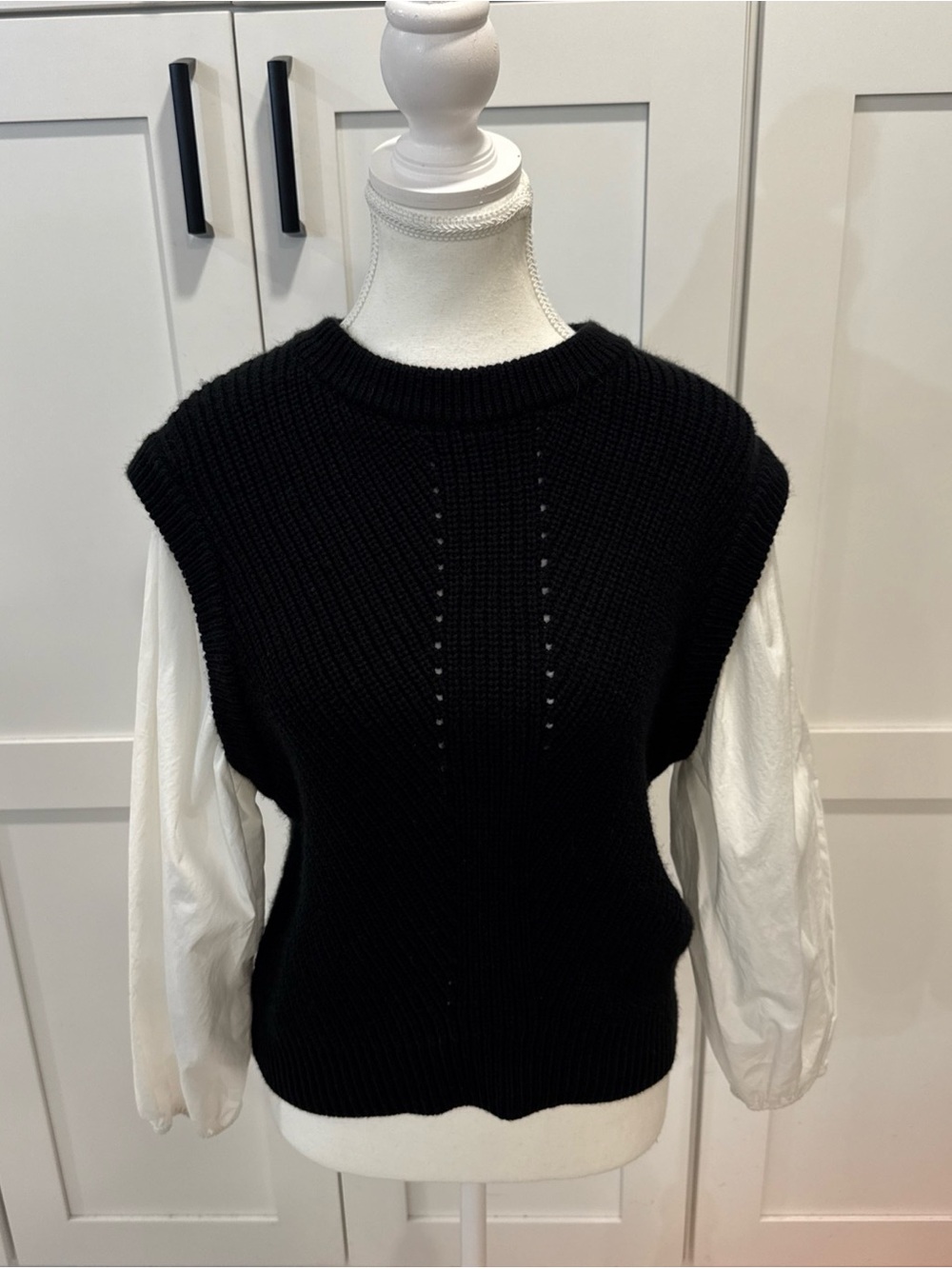 Sanctuary Black Crewneck Knit two in one sweater with woven sleeves Sz M